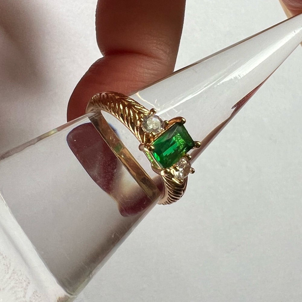 Emerald Cut Green 3-Stone Ring - Size 7, Gold Tone - Picture 11 of 15